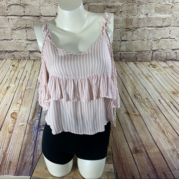American eagle outfitters pink white striped cold shoulder top size small - Picture 8 of 9